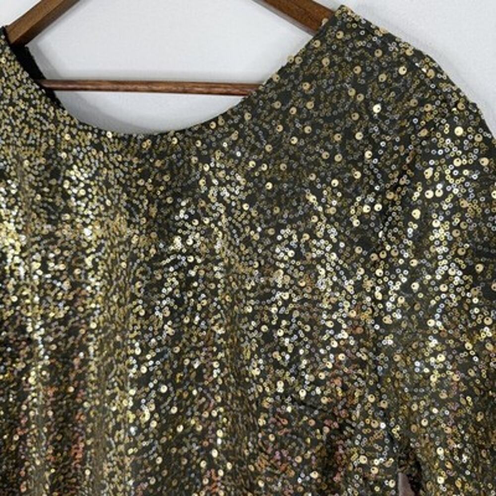 Gold Sequin Top Party XL Short Sleeve Metallic Club Glam Celebration Blouse Cato